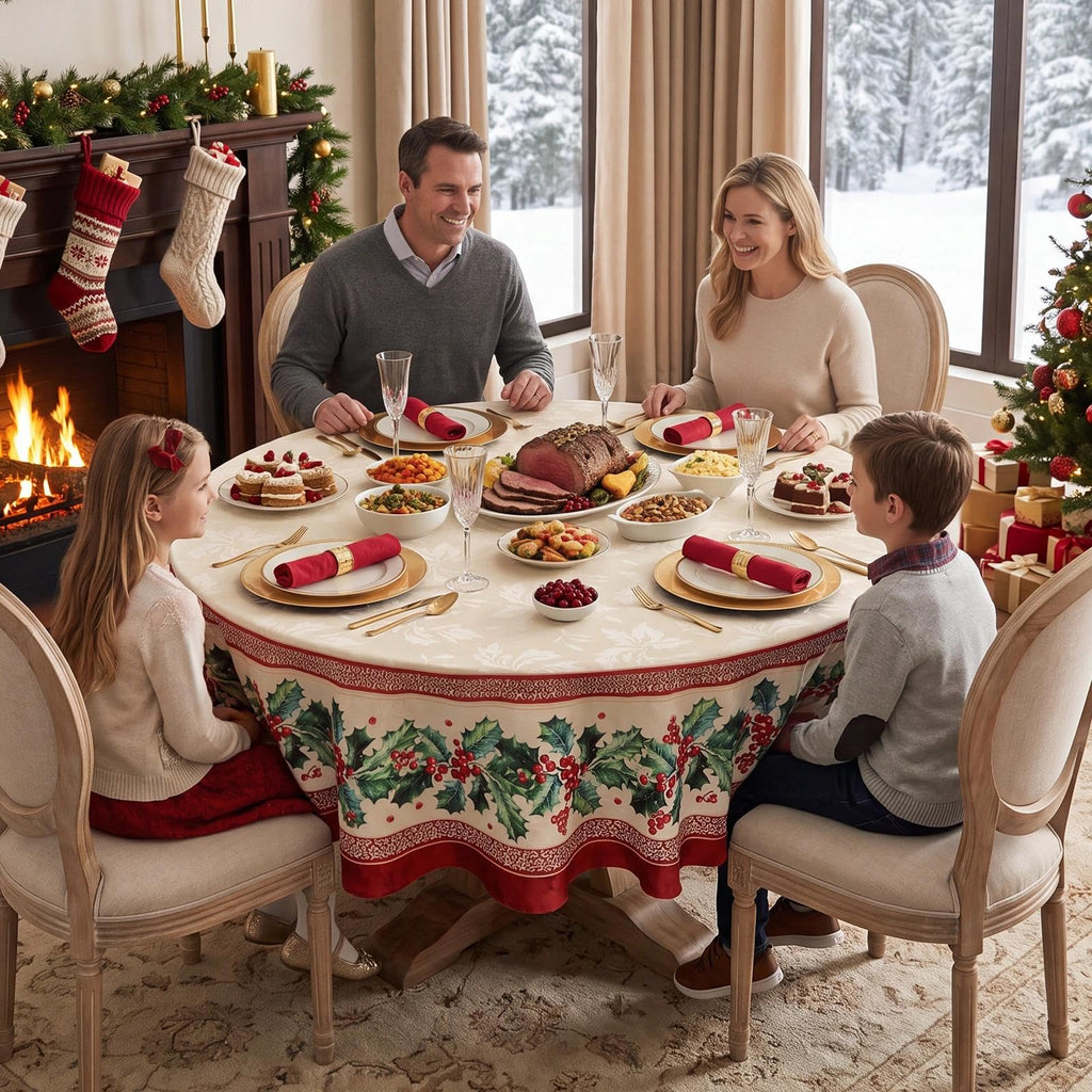 Christmas Jacquard Round Tablecloth, 90 Inch