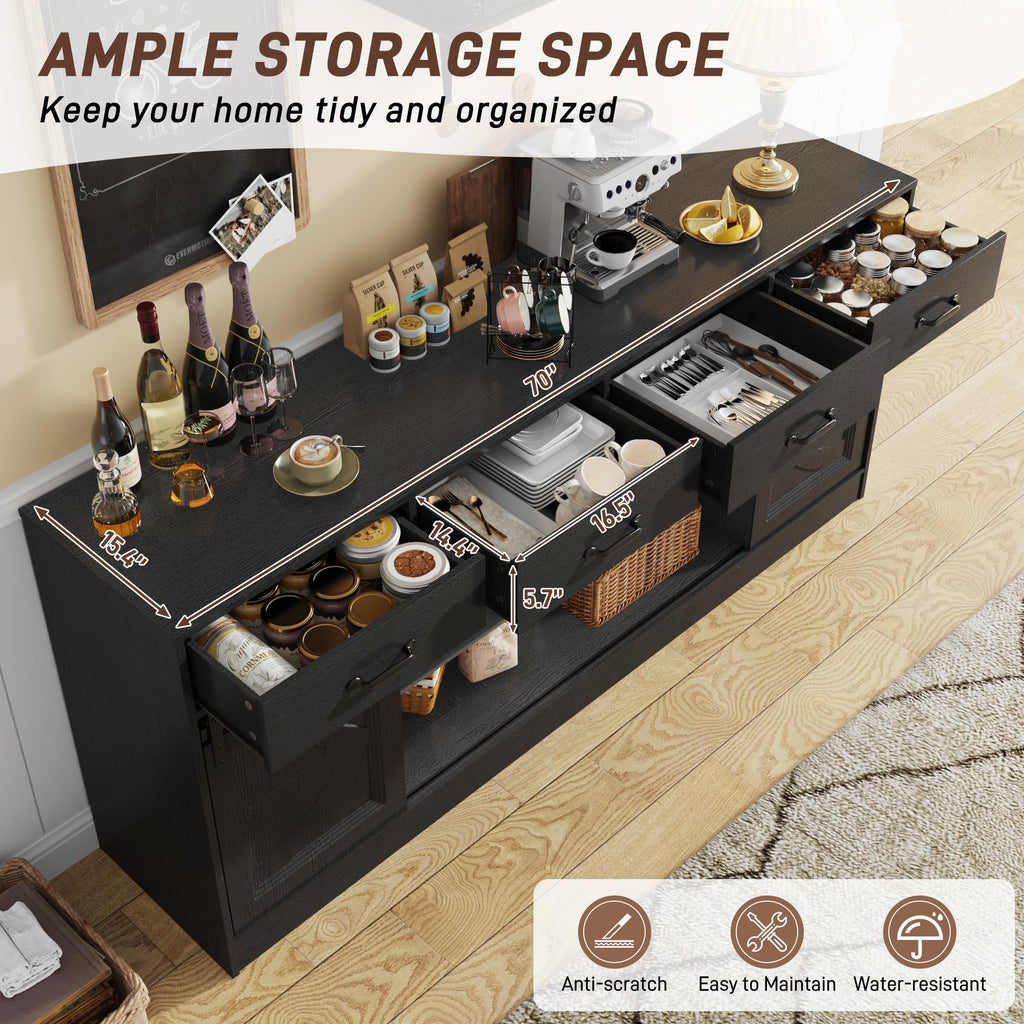 70" Large Buffet Sideboard Cabinet w/4 Drawer, Farmhouse Coffee Bar Cabinet Buffet with Storage, Sliding Door, Long
