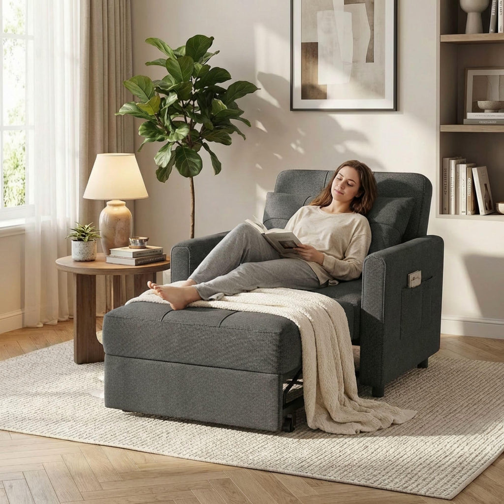 3-in-1 Convertible Sofa Bed Chair, Pullout Sleeper, Adjustable Back
