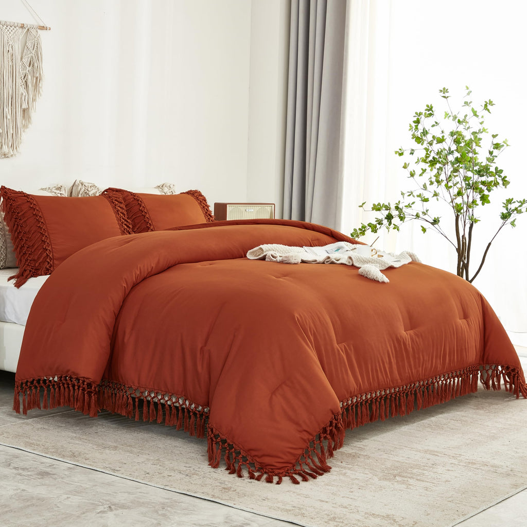 Terracotta Comforter Set King, 3 Pieces Boho Tassel Bedding