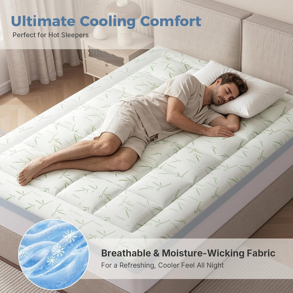 Queen 3in Dual Layer Gel Memory Foam Bamboo Rayon Mattress Topper | 2 Inch Memory Foam & 1 Inch Bamboo Rayon Pillow