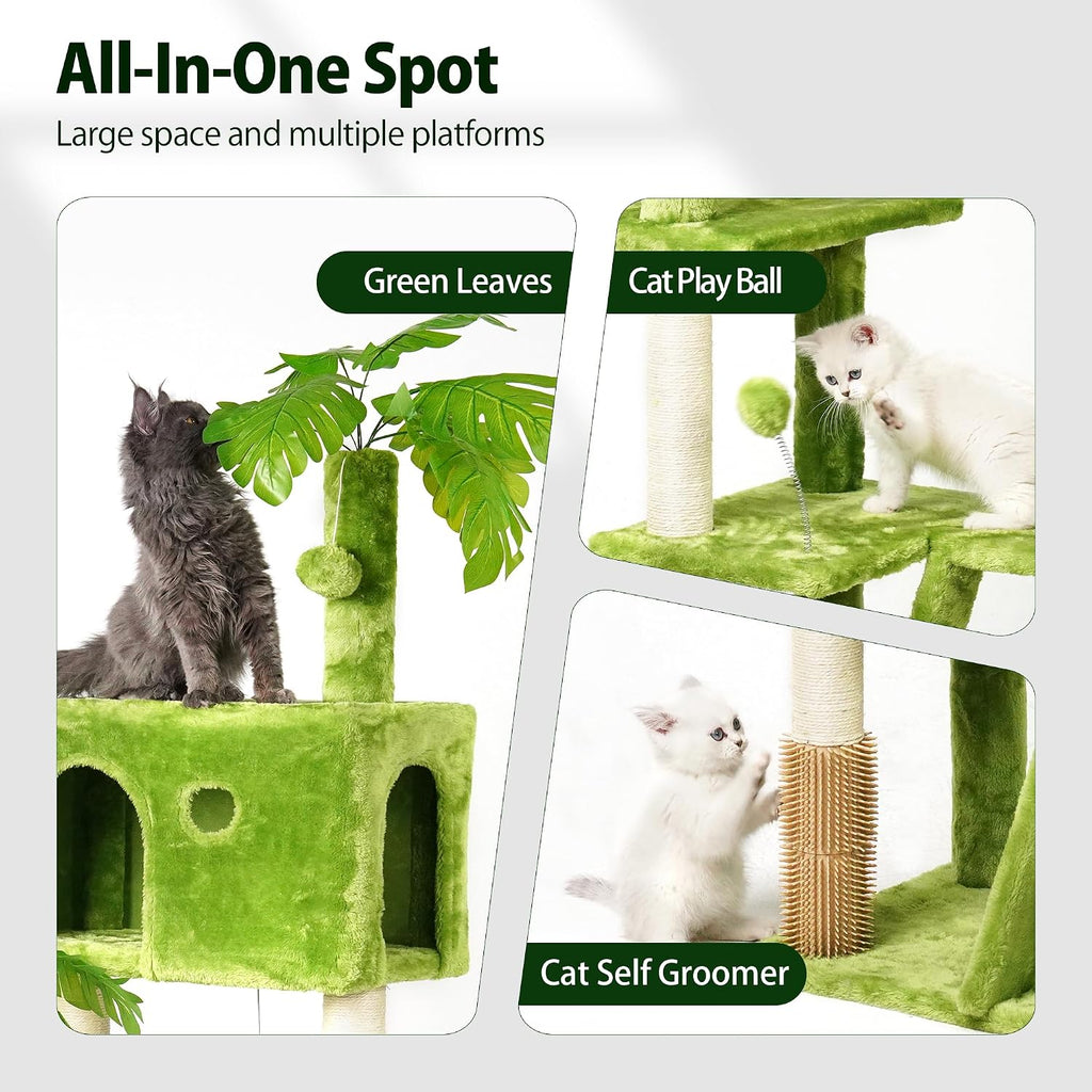 65in Tall Cat Tree with Leaves for Indoor Cats, Green Cat Tower with Scratching Post, Hanging Hammock, Cozy Perch, Swing