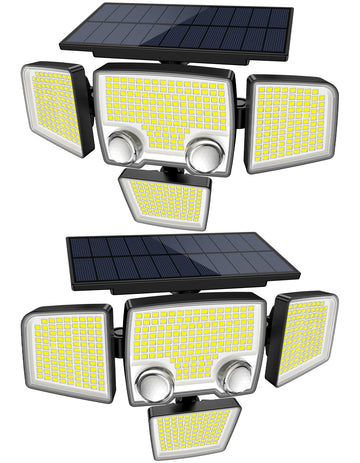 Solar Outdoor Lights with Motion Sensor - Bright 4 Heads LED Security Flood Light with 2 Sensors - 3 Modes