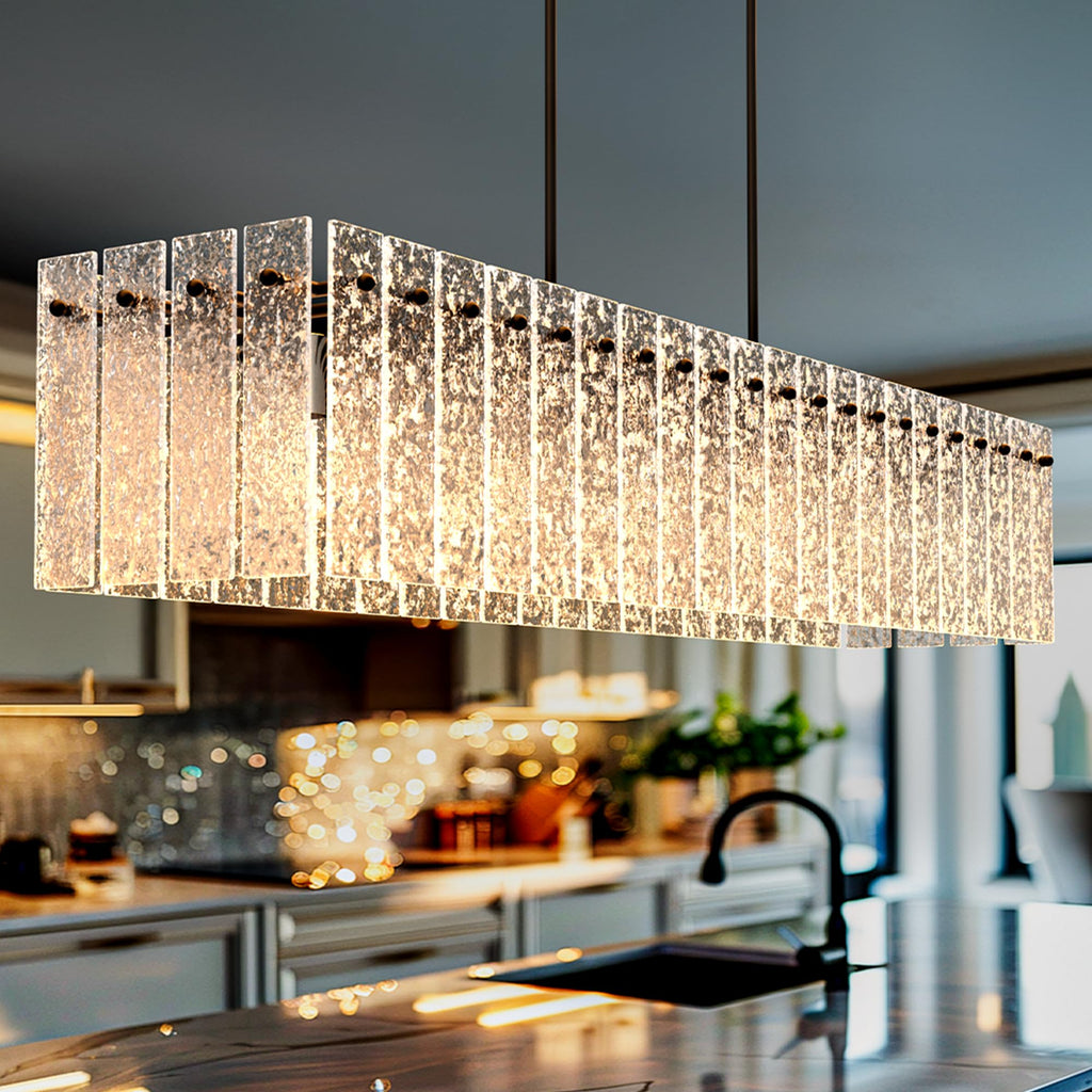 Modern Black Rectangle Chandelier, Black 48" Dining Room Chandelier with Water Ripple Glass, Linear Crystal