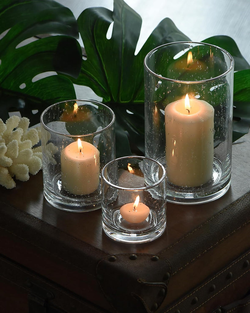 Glass Candle Holders Set, 3 Sizes 8" 5" 3.5" Height | Hurricane Vase Centerpieces, Clear Seeded Bubbles Cylinder For