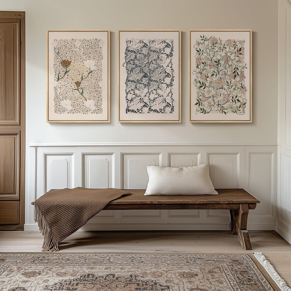 Framed Large William Morris Canvas Wall Art Set of 3, Vintage Nature Floral Artwork Prints, Boho Neutral Botanical