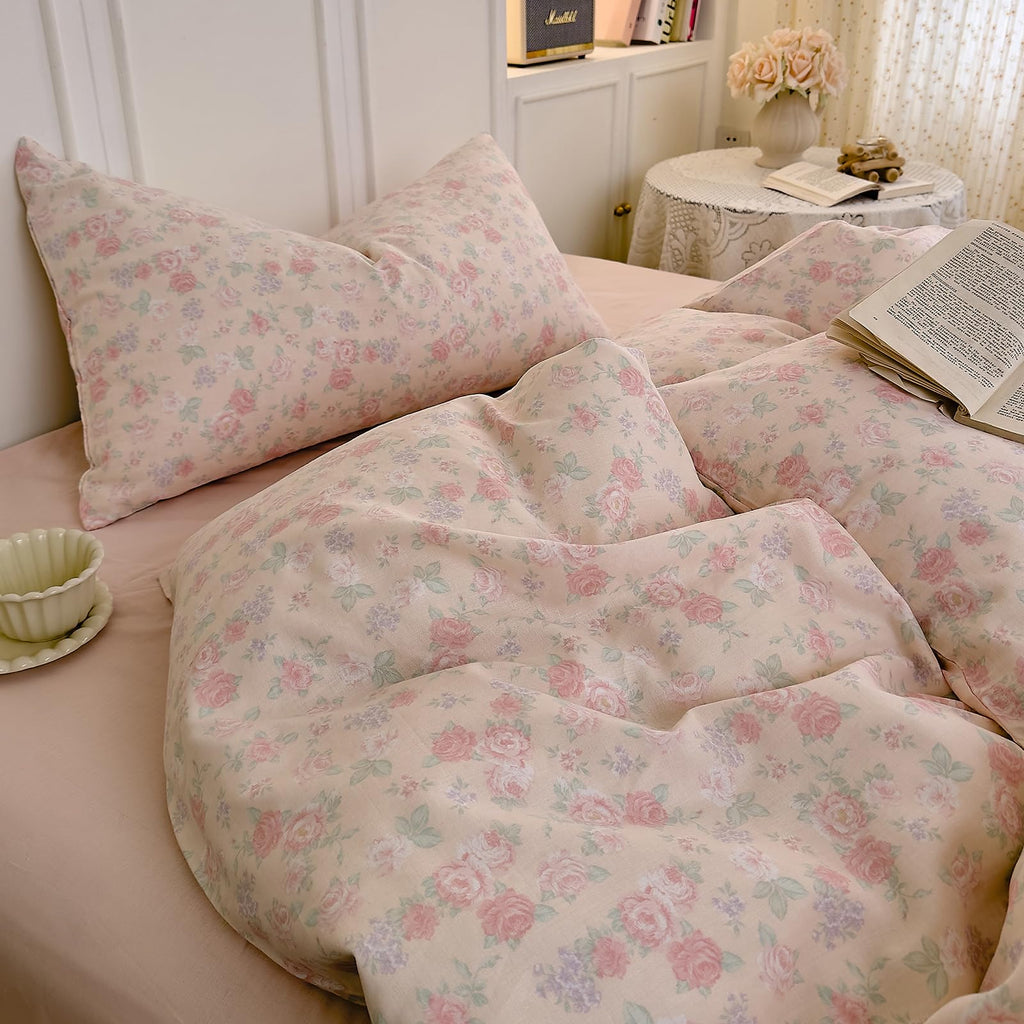 Vintage Floral Duvet Cover Set, Pink Flower Coquette Duvet Cover Muslin Cotton Gauze Bedding Set, Cottagecore