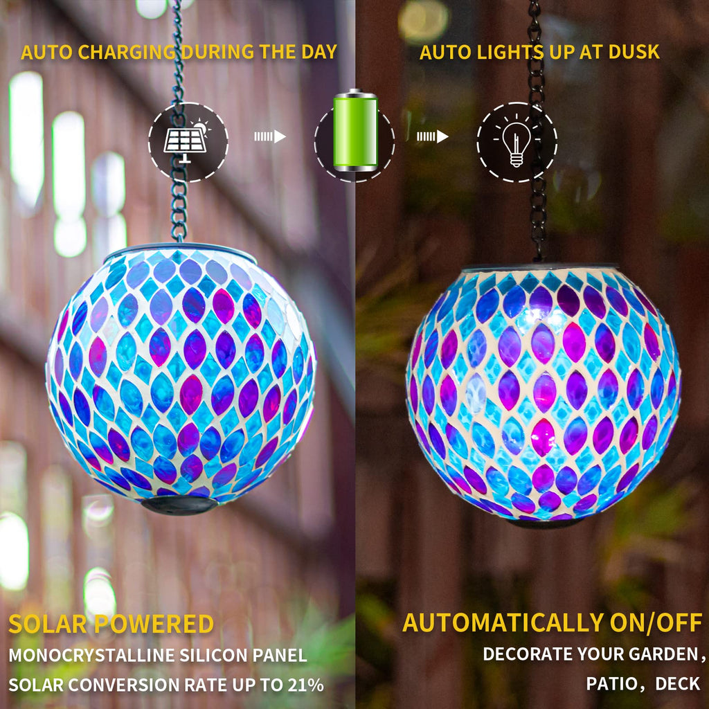Hanging Solar Lanterns Mosaic Crackle Glass Solar Light, Multicolor