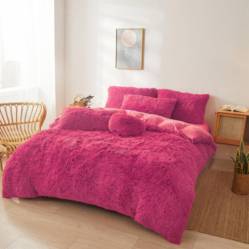 Fluffy Faux Fur hot Pink Comforter Cover Set - Ultra Soft Plush Bedding Sets 3 Pieces (1 Fluffy Duvet Cover + 2