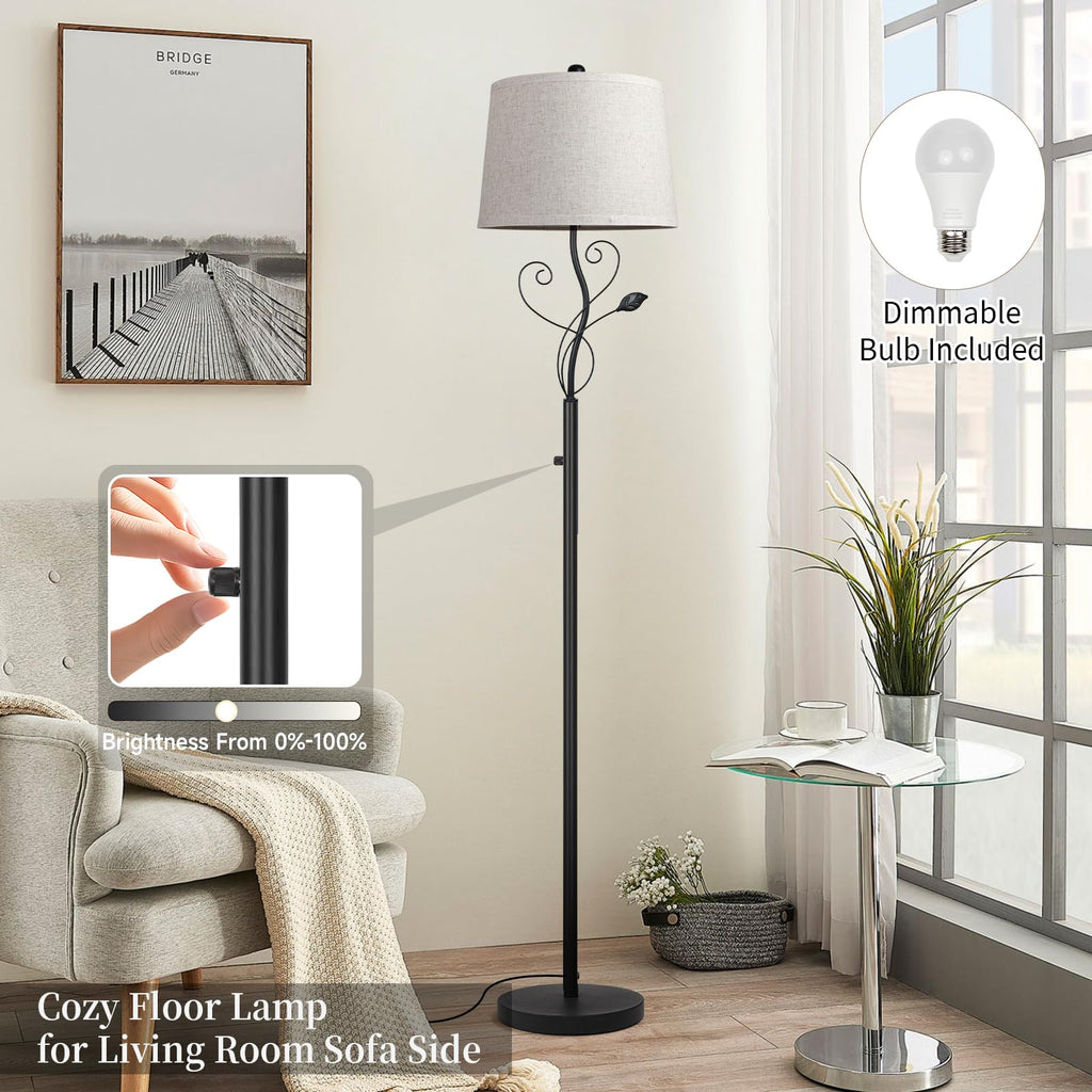 63'' Rustic Floor Lamps Decor with Rotary Dimmer, Black Leaf Tall Lamp with Linen Sade Dimmable Bulb Included