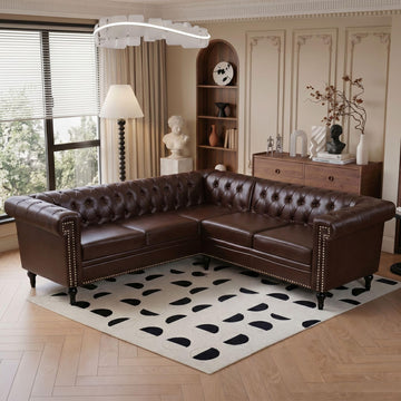 84" Chesterfield Sectional Sofa with 3 Pillows, Tufted 5 Seat Faux Leather Couch, Modern L Shaped Sectional Couch