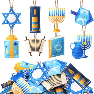 Hanukkah Tree Ornaments 3D Felt Chanukah Jewish Ornaments Dreidel Star of David Hanukkah Decorations Blue - Set of 24