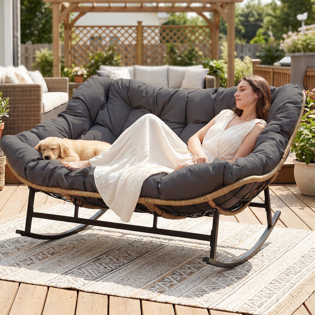 Double Wide Rocking Papasan Chair Outdoor Indoor for 2, PE Wicker Patio Rocking Chair with Cushion and Frame, Heavy