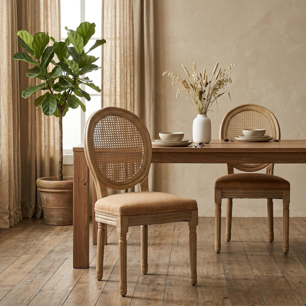Vintage French Country Dining Chairs Set of 2, Farmhouse Rattan Dining Room Chairs with Round Back, Linen Upholstered