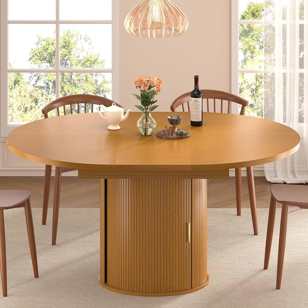 47"-63" Extendable Round Dining Table for 4-8 with Storage, Mid Century Modern Farmhouse Wood Oval Dinner Table with