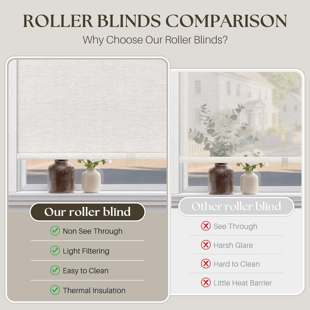 Beige White Textured Linen Semi Sheer Cordless Roller Shades