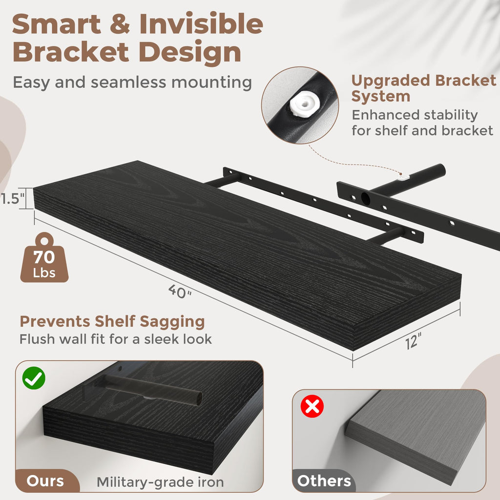 40 Inch Floating Shelves for Wall 2 Pack, 12"D Wood Gra Shelves