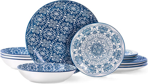 Porcelain Dinnerware Sets Service for 4, 12 pcs Hand drawn Plates and Bowls Sets, Handmade Ceramic Dish Set