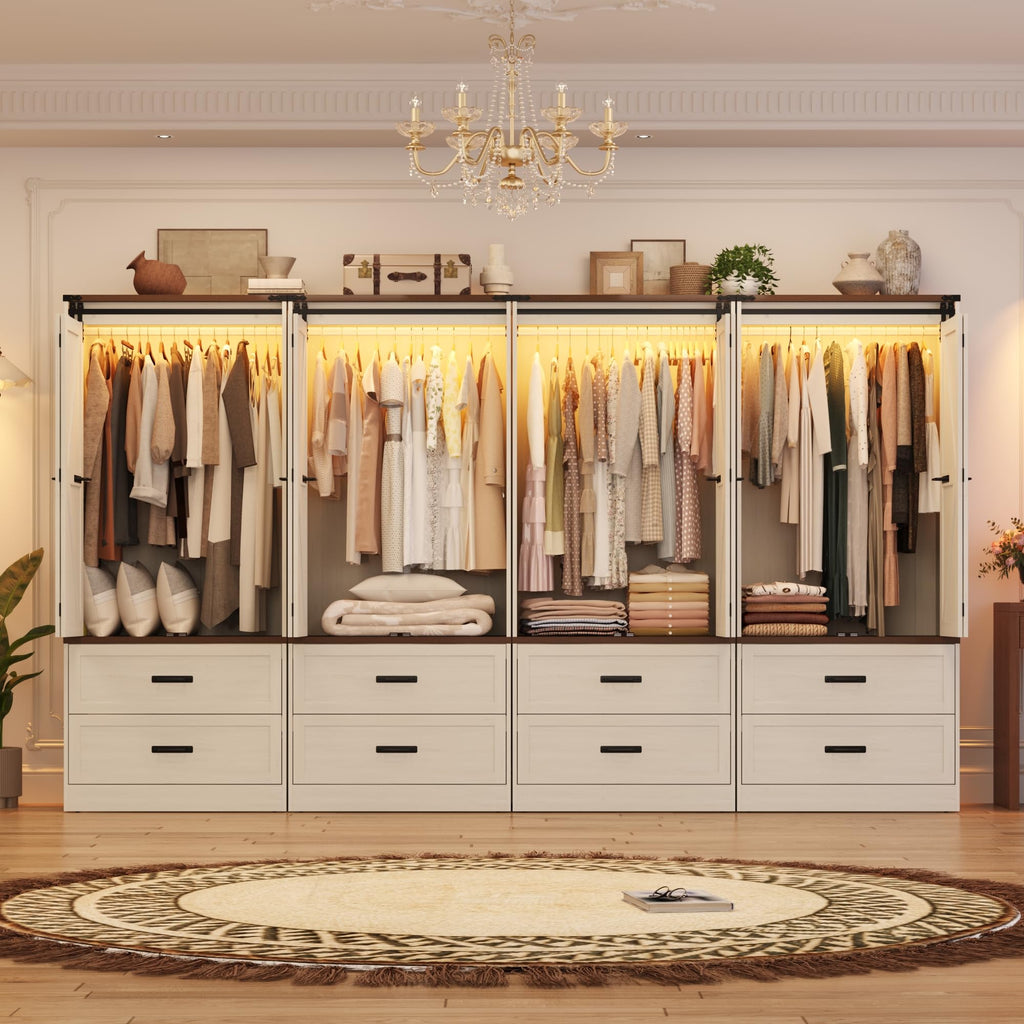 Farmhouse Wardrobe Armoire Closet with 4 Doors and 4 Drawers, Antique White