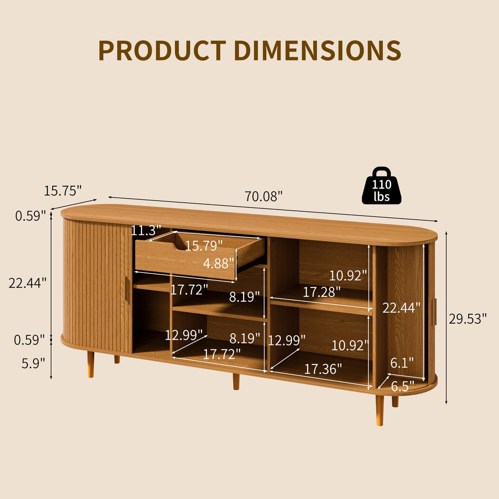 71" Sideboard Buffet Cabinet with Storage, Large Credenza with Sliding Doors and1 Drawer, Mid Century Modern Coffee Bar