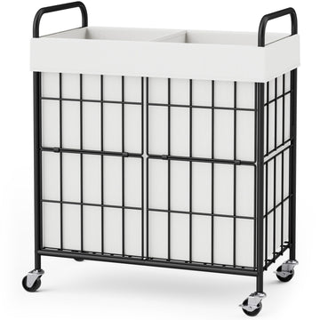 100L 2-Section Laundry Hamper with Wheels, Laundry Basket with Liner Bag