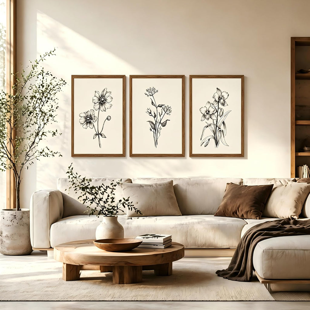 Minimalist Black and White Floral Wall Art Neutral Rustic Botanical Canvas Artwork, Vintage Floral Poster Set of