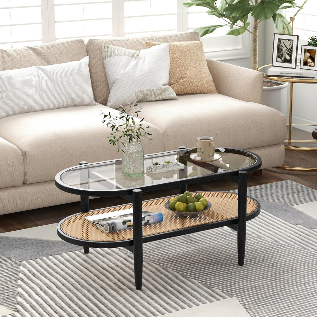 Rattan Coffee Table, 40"L Boho Oval Acacia Wood Cocktail Table with Tempered Glass Tabletop & PE Rattan Storage