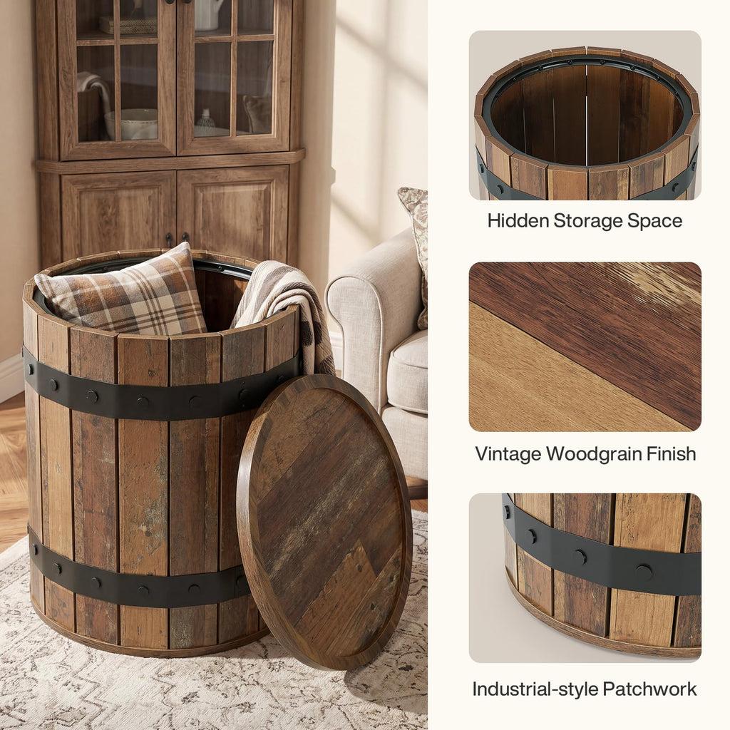 Barrel Side Table with Hidden Storage, 19.68" Farmhouse Round Rustic Wood End Table with Removable Lid, 24" Tall Sofa