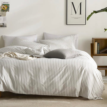100% Cotton Vertical Stripe Duvet Cover Set, Grey