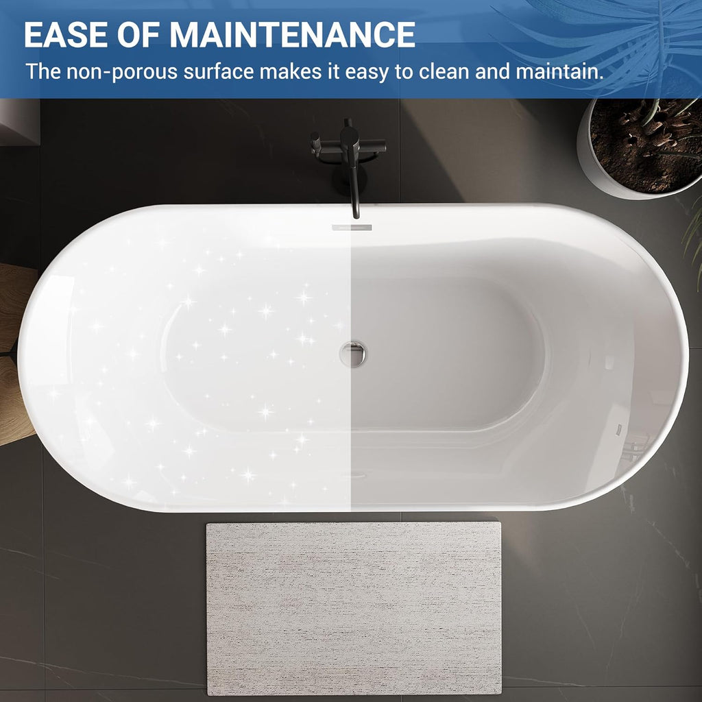 59 inch Acrylic Oval Rim Freestanding Bathtub, Full White, Comfort Soaking Tub for Home Spa & Muscle Recovery, Pop-Up