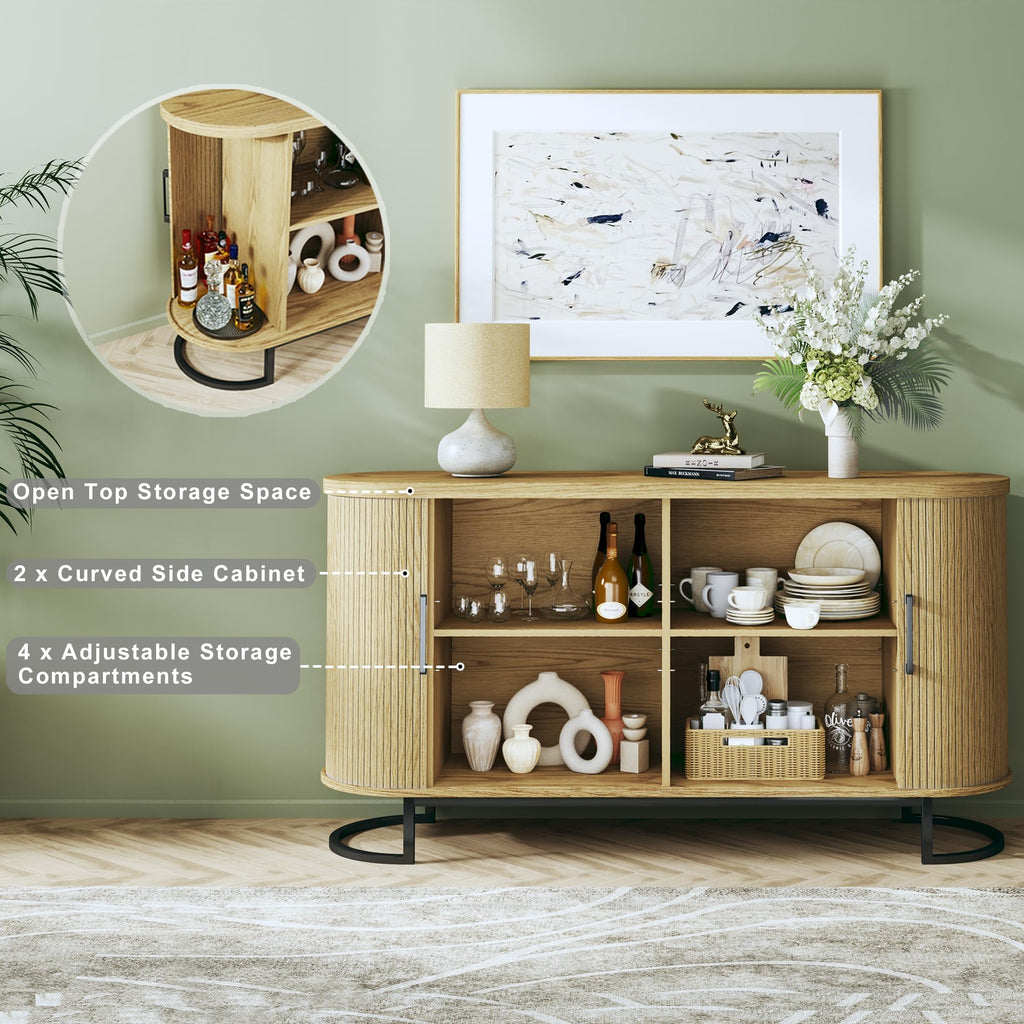 Sideboard Buffet Cabinet with Storage, 54.3" Fluted Tambour, Adjustable Shelves, Mid Century Modern Console Kitchen