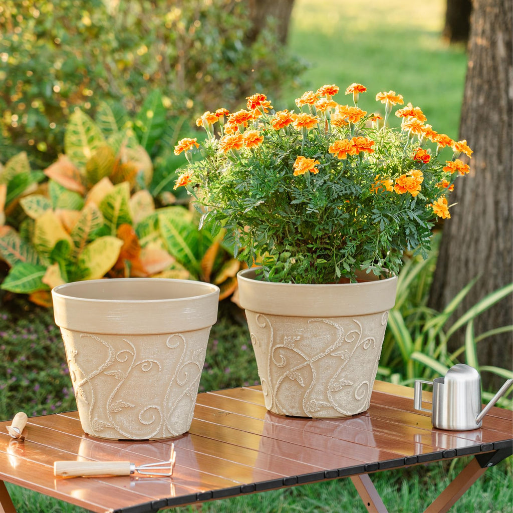 Plant Pots Indoor with Drainage & Saucer, 2Pack 10 inch Flower Pots Outdoor Planters for Indoor Plants Garden Home