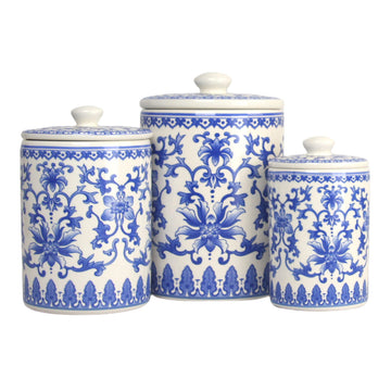 Chinoiserie 3 Piece Canister Set, White/Blue