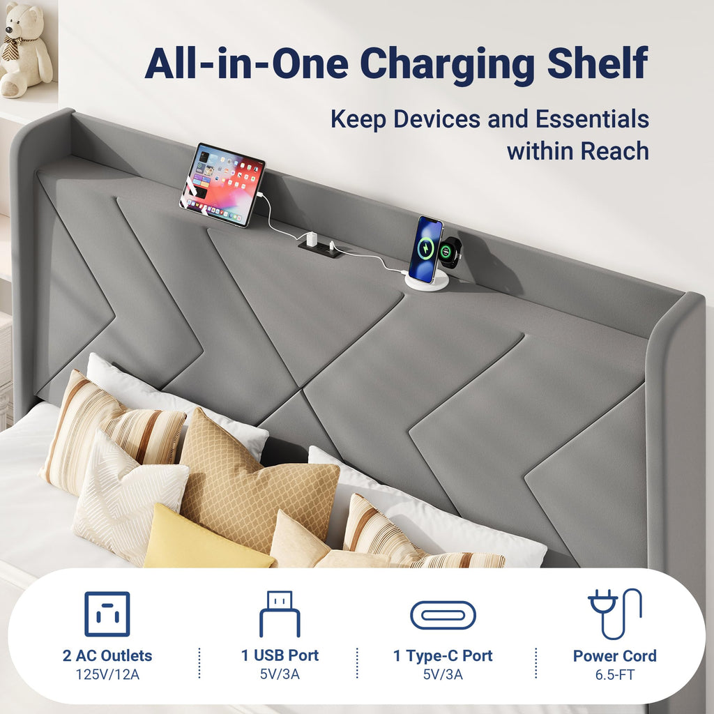 King Size Velvet Bed Frame with Charging and Shelf, Grey