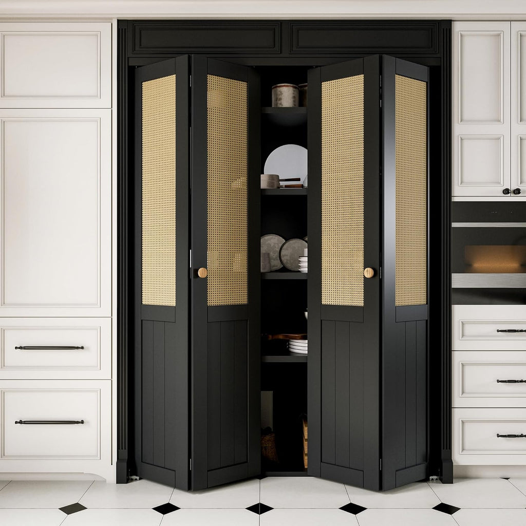 60'' x 80" Rattan Bifold Closet Door, Cane Webbing Wood Interior Door Slab, Build Quality Black Fold