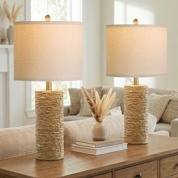 Boho Lamps Set of 2, 25.5" Coastal Farmhouse Bedside Lamps, Resin Woven Rattan-Look Nightstand Lamps with Linen Shade