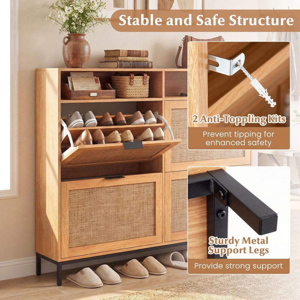 Slim Shoe Storage Cabinet with 4 Flip Drawers & 2 Open Compartments