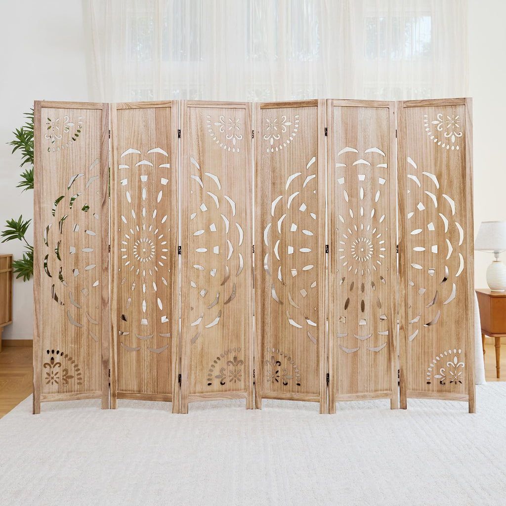 66.9Inch Wooden Room Partition - 6 Panels Boho-Styled Space Room Divider /Office, Headboard & Yoga/Photo/Video Call