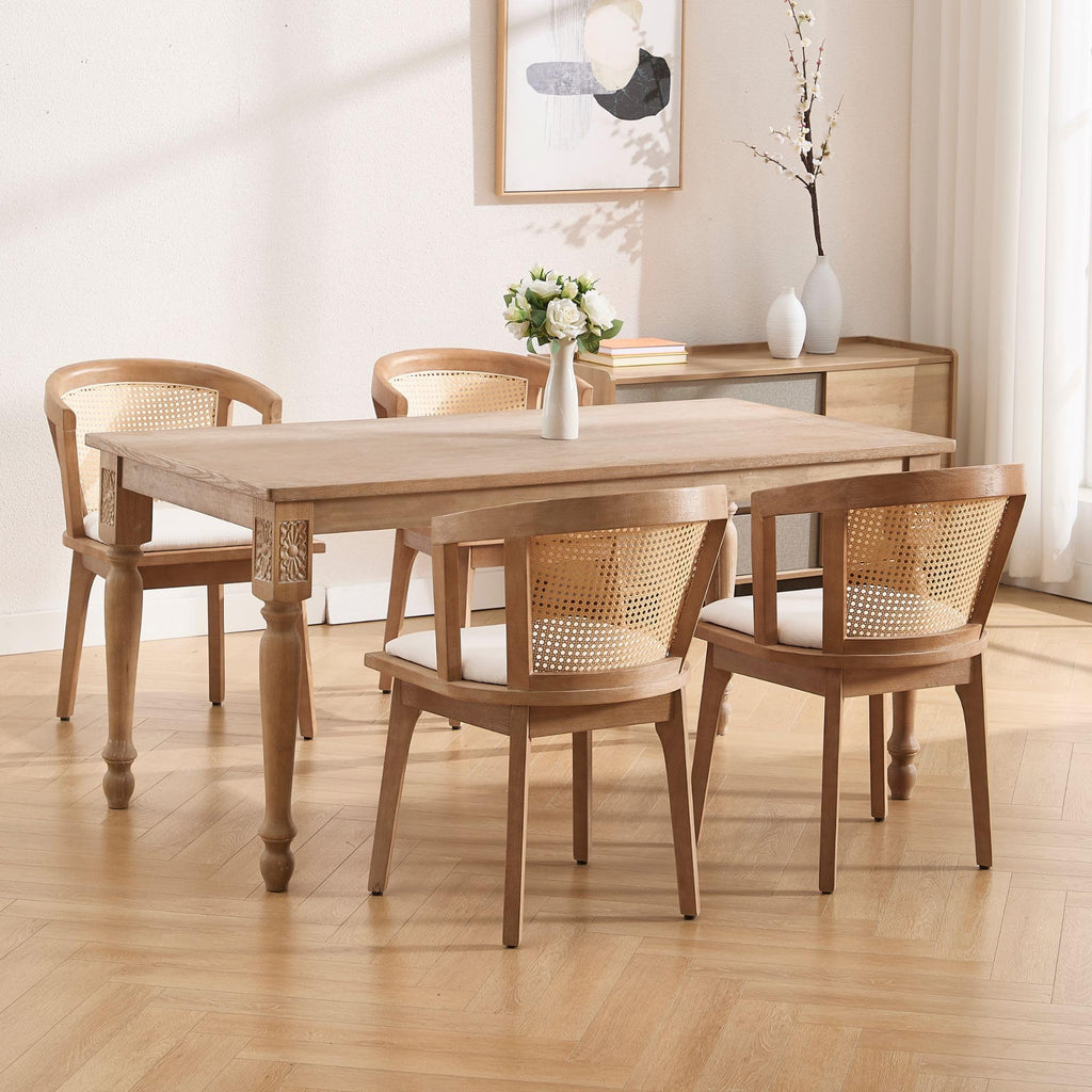 Rattan Dining Chairs Set of 2, Mid Century Modern Farmhouse Wood Dining Room Chairs, Upholstered Comfortable Kitchen