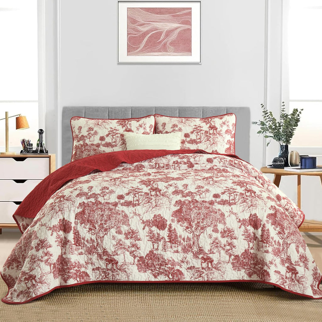 Quilt Set Queen, Botanical Floral Bedspread, Christmas Red