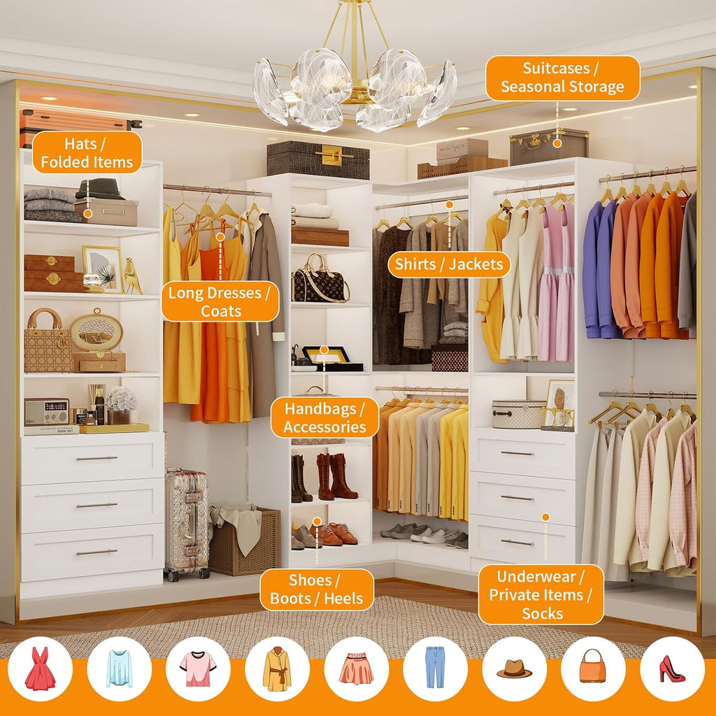 Closet System with 3 Sets, 6.5-16FT Corner Closet Organizer System with 6 Drawers & 11 Shelves & 6 Hanging Rods