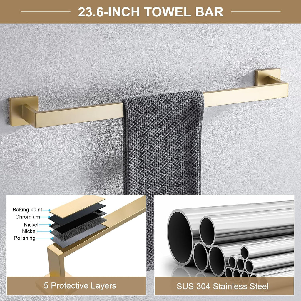 6-Piece Bathroom Towel Bar Sets Brushed Gold 23.6 inch Towel Bar Stainless Steel Towel Ring Coat Hook and Toilet