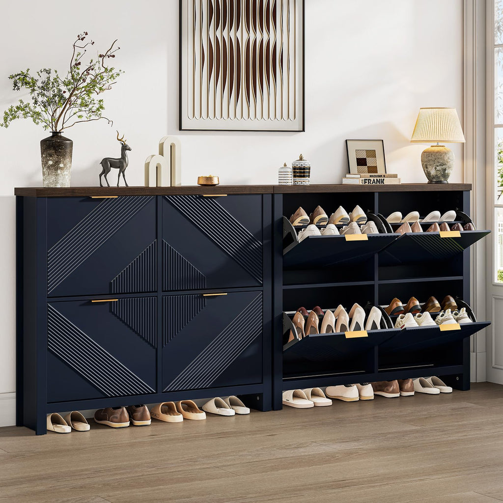 Shoe Cabinet with 4 Flip Drawers & Symmetric Groove Pattern