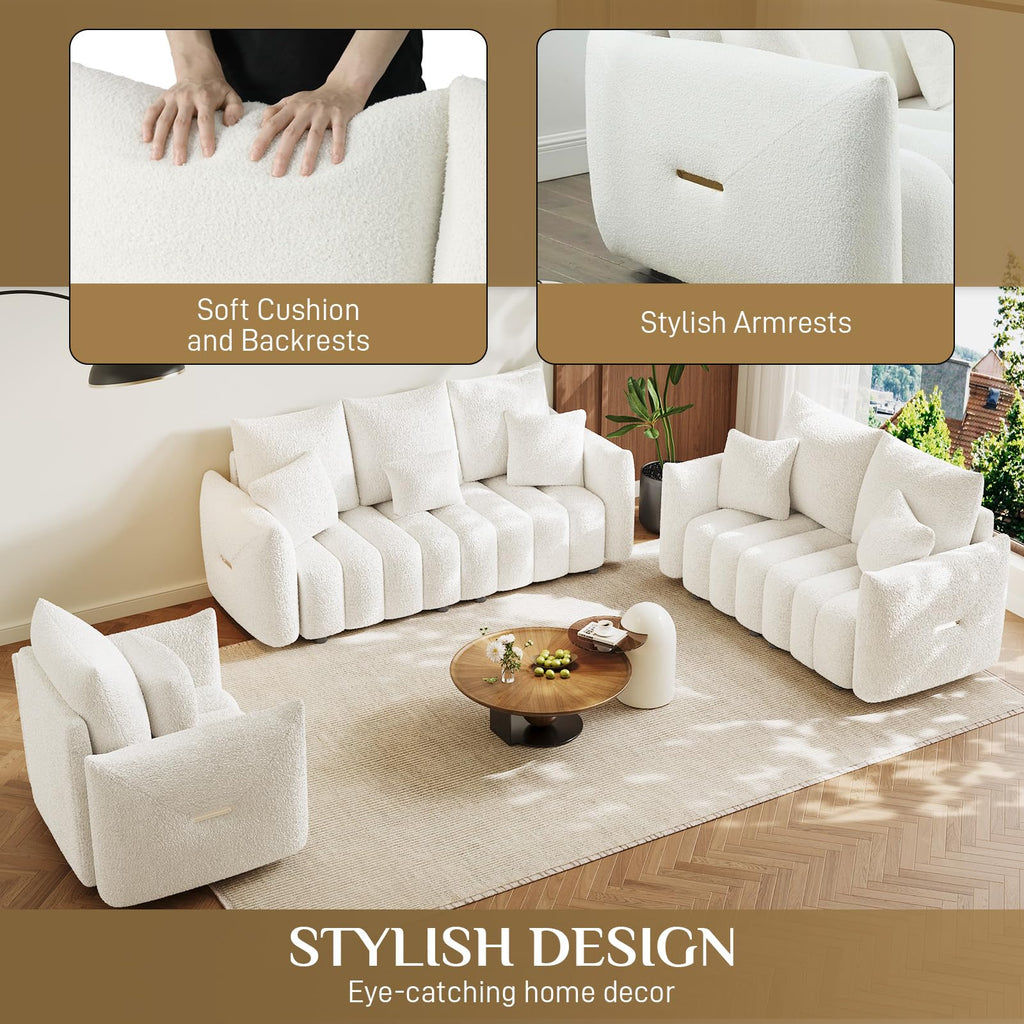 Boucle Cloud Single Loveseat, Deep Seat with Pillow, Beige White