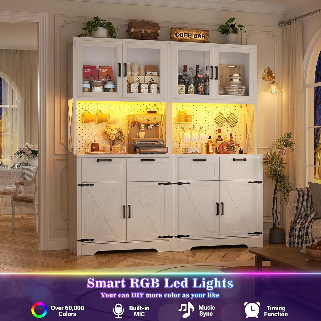 71" Kitchen Pantry Cabinet with LED Light & Outlet, Microwave Stand | White & Rustic, 63" Wide, DIY Pegboard Panel