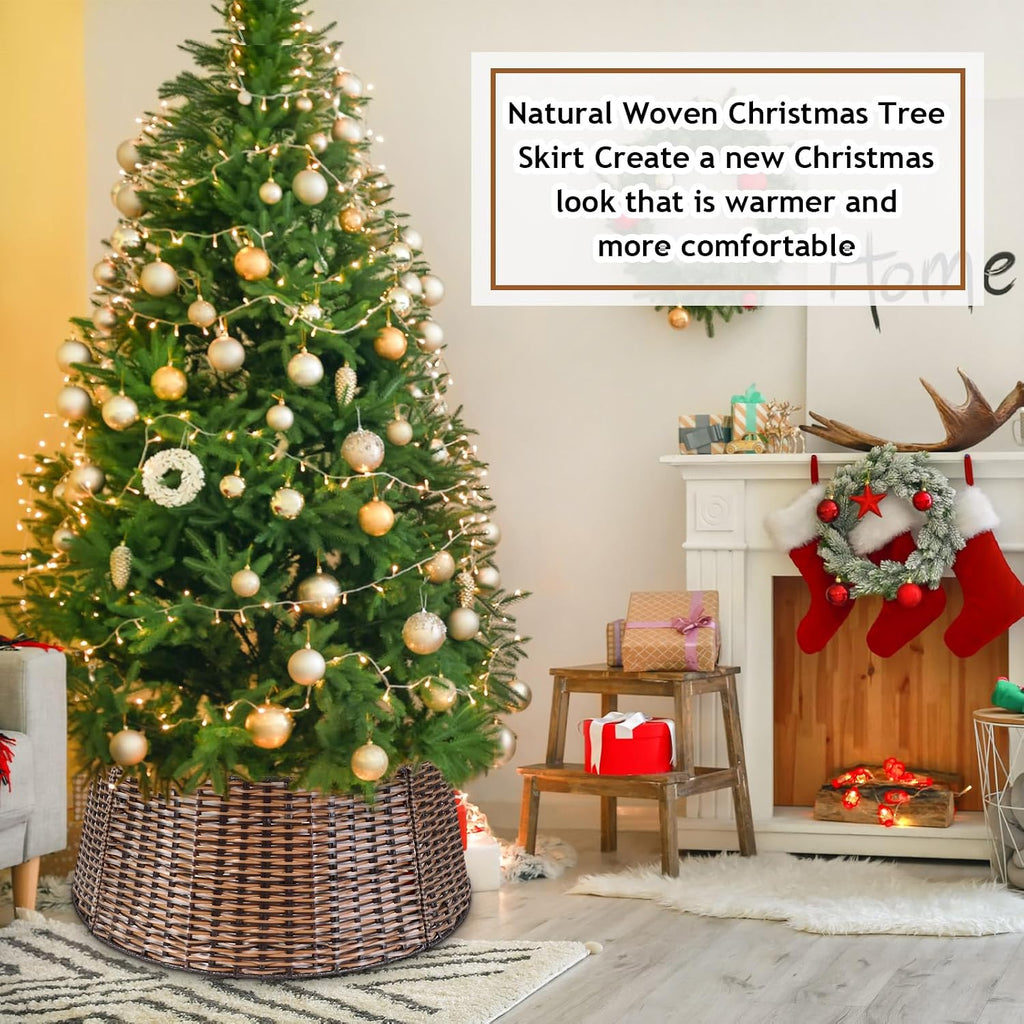 23" Woven Christmas Tree Collar Seagrass & Water Hyacinth Farmhouse Christmas Tree Collar Artificial Rattan Wicker