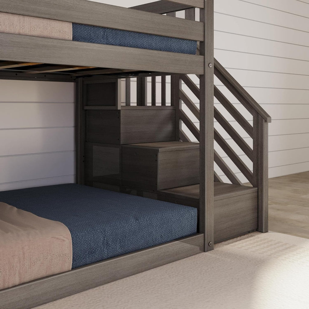Solid Wood Twin over Twin Low Bunk Beds for Kids with Slide and Stairs, 400 lbs Weight Capacity, 14" Safety Guardrail