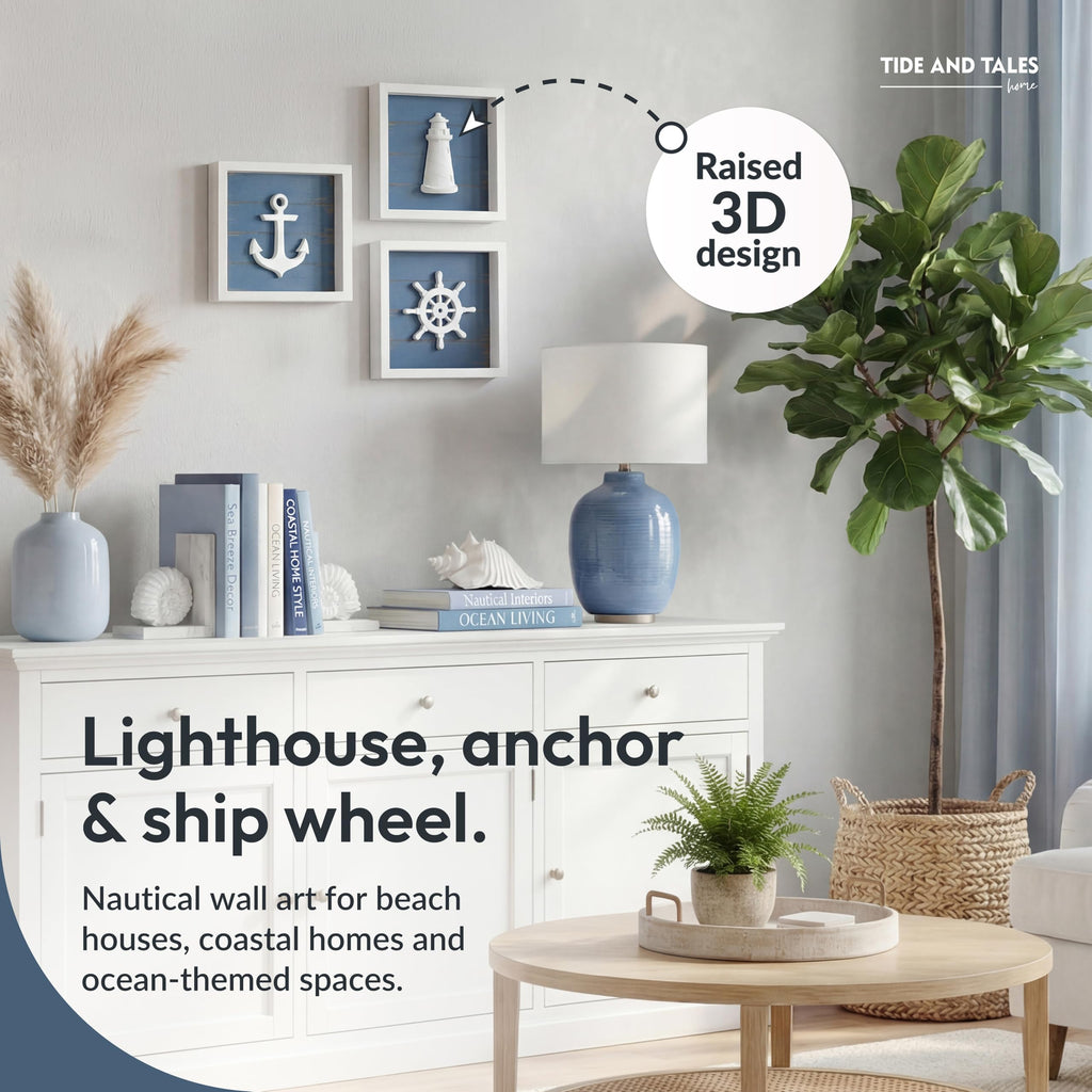 3d Nautical Wall Decor, Bathroom Wall Art, Set of 3, Blue