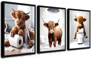 Highland Cow Bathroom Decor Set of 3, Funny Brown Cute Highland Cow Wall Art Paintings, Vintage Rustic Farmhouse