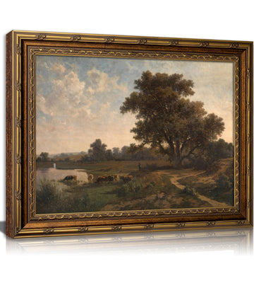 Vintage Gold Framed Landscape Wll ArtRetro Rustic Countryside Wall Decor Classic Rural River Scene Painting Picture